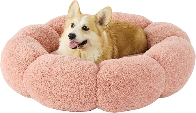 Lesure Calming Large Dog Bed - Flower Donut Round Fluffy Puppy Bed in Plush Teddy Sherpa, Non-Slip Cute Flower Dog Beds, Large Pet Bed Fits up to 100 lbs, Machine Washable, Pink 36"