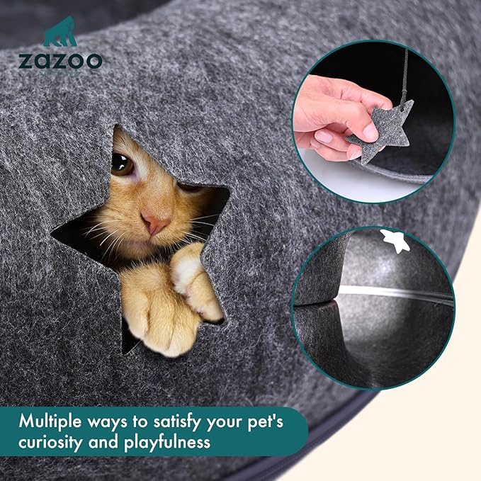 ZAZOO Peekaboo CAT CAVE, Large Size CAT Tunnel with Feather Stick and Playing Holes, Comfy CAT Donut, SCREATCH Resistance & Washable CAT Bed CAVE for Large & MULTIPALE Cats UP to 30LBS.