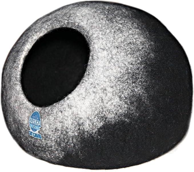 Felt Cat Cave Bed, Handmade Covered Cat Bed Cave, Wooly Cave for Cats, Dome Shaped Cat Pod, Cat Beds & Furniture, Felt Cat Beds for Indoor Cats (Black and White)