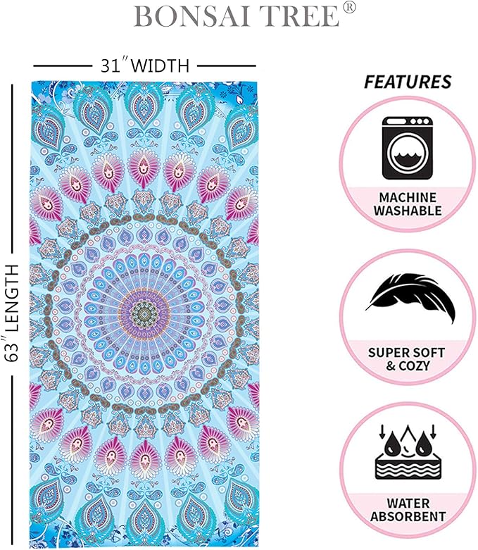 Bonsai Tree Mandala Beach Towel, Indian Hippie Boho Microfiber Bath Towel for Women, Bohemian Blue Sand Free Quick Dry Travel Towels Gifts for Yoga Sports Adults 30" x 60"