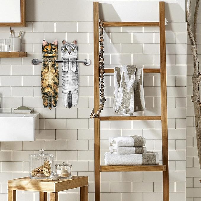 Funny Hand Towels for Bathroom Kitchen - Cute Decorative Cat Decor Hanging Washcloths Face Towels Super Absorbent Soft - Mothers Day Easter House Warming Birthday Gifts for Women Cat Lovers