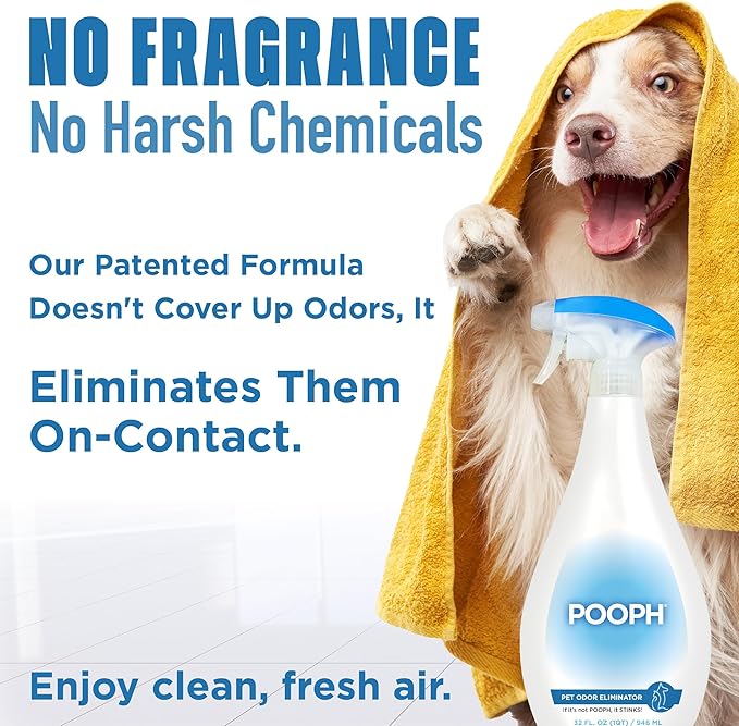 POOPH® Pet Spray Odor Eliminator Non-Toxic Fragrance-Free Pet Odor Eliminator for Home and Auto Eliminates Organic Odors from Carpets Floors Upholstery, Fast-Acting Safe for Pets People and the Planet