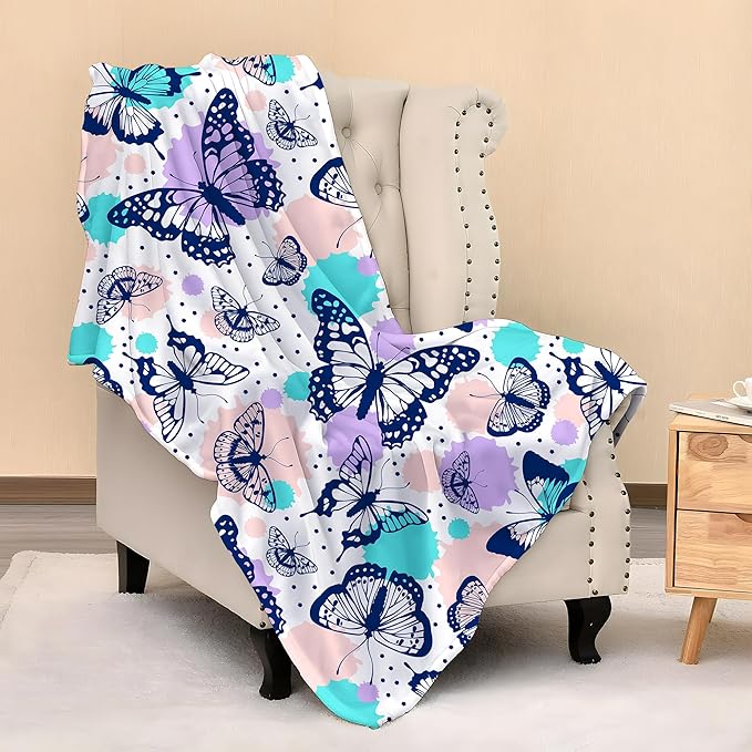 Butterfly Blanket Throw 50"x40", Cozy Lightweight Plush Butterfly Print Blanket, Gifts for Kids Women