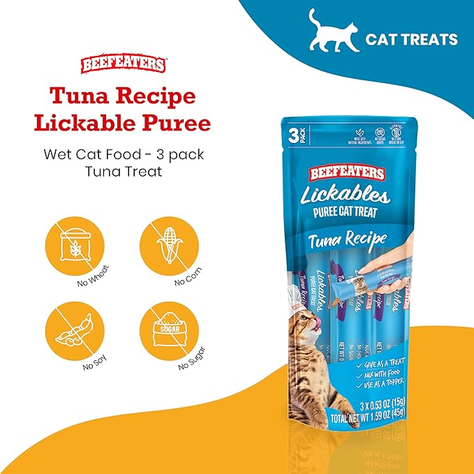 Beefeaters Cat Treats - Tuna Recipe Lickable Puree 1.59oz Case of 12 | Real Cat Food Tuna Treat | No Corn/Soy/Wheat, Sugar-Free | Training Treats