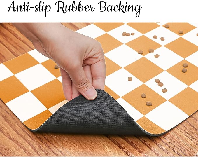 Ralxion Checkered Dog Feeding Mat, Absorbent Mats for Dog Food and Water Bowl, Dispenser, Aesthetic Purple Checkerboard Pet Placemat for Dogs, Cats, Puppy Accessories (Orange, 12 x 19)