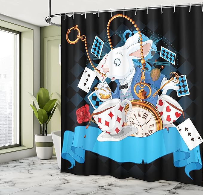 Ambesonne Alice in Wonderland Shower Curtain, Rabbit Motion Cups Hearts and Flower Character Alice Cartoon Style, Cloth Fabric Bathroom Decor Set with Hooks, 69" W x 70" L, Dark Blue Charcoal Grey