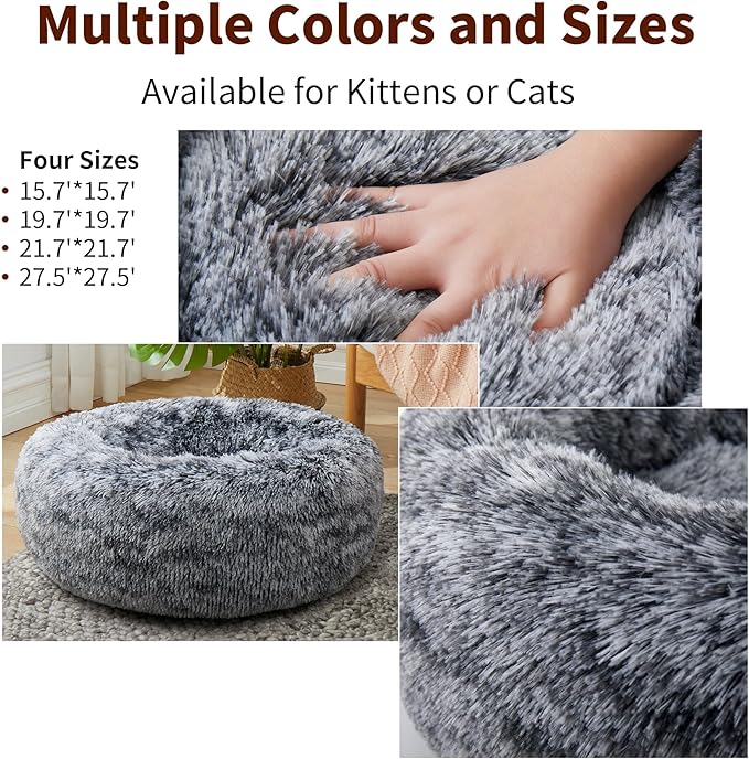 Calming Dog Bed for Cats and Small Dogs, Donut Washable Small Cat Bed for Indoor Cats and Dogs, Anti-Slip Round Fluffy Plush Faux Fur Pet Bed for Small Cats and Dogs (Black White, 19.7'')