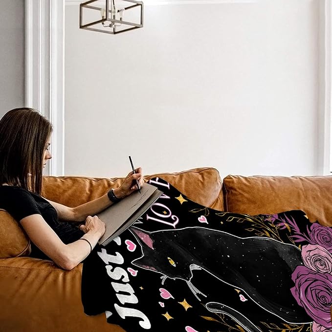 Just A Girl Who Loves Black Cats Blanket Gifts for Girls Boys, Cute Black Cat Throw Blanket for Cat Lovers Soft Lightweight Flannel Fleece Kitten Decor Plush Bedding for Adults Bed Sofa Chair 80x60In