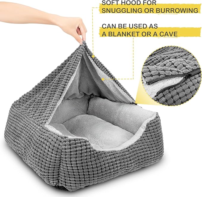 GASUR Dog Beds for Large Medium Small Dogs, Rectangle Cave Hooded Blanket Puppy Bed, Luxury Anti-Anxiety Orthopedic Cat Beds for Indoor Cats, Warmth and Machine Washable (25 inches, Grey)