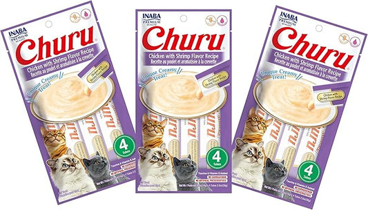 INABA Churu Cat Treats, Grain-Free, Lickable, Squeezable Creamy Purée Cat Treat/Topper with Vitamin E & Taurine, 0.5 Ounces Each Tube, 12 Tubes (4 per Pack), Chicken with Shrimp Recipe