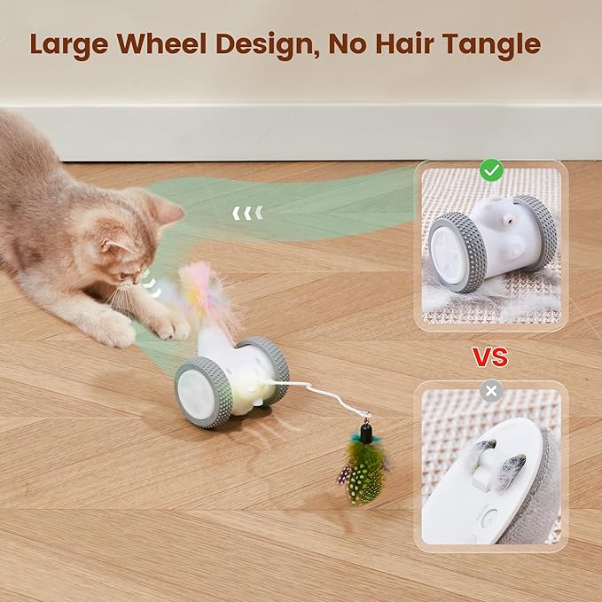 Potaroma Cat Laser Toys Interactive 3in1, Rechargeable, Automatic Moving Wheels, 2 Feathers, Indoor Kitten Exercise Kicker Toys, Assorted Colors Feathers for All Breeds