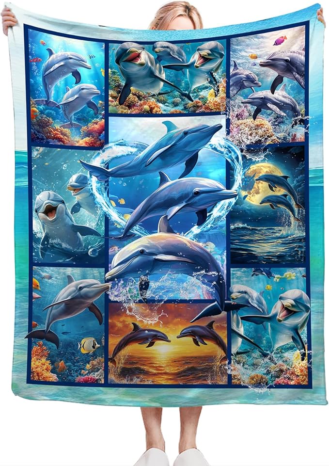 Dolphin Blanket Ultra Soft Cozy Dolphin Throw Blanket Fleece Fuzzy Plush Bedding Marine Life Lovers Gifts for Women Girls Kids Adults Couch Sofa 60"x50"