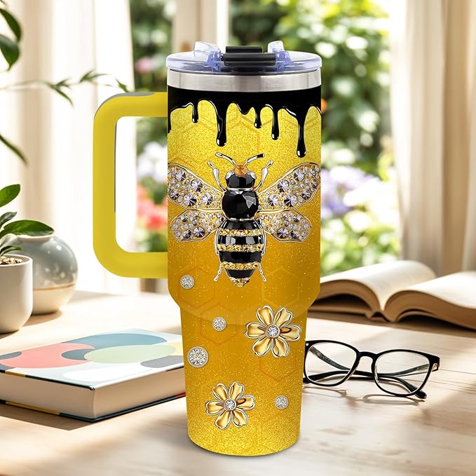 Bee Tumbler 40 Oz, Stainless Steel Insulated Mug with Glitter Accents, Empowering Bee Gifts for Women, Suitable for Nature Lovers, Feminine and Luxurious Gift for Her