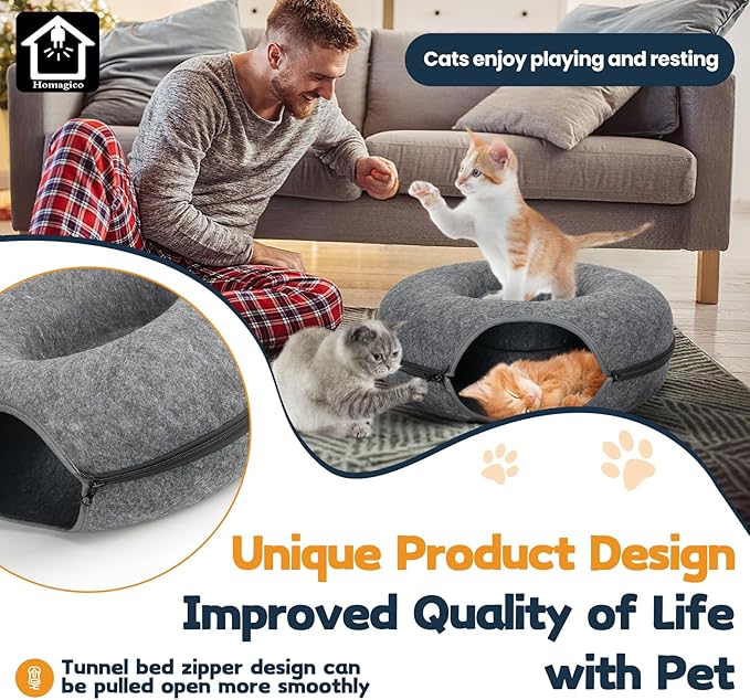 Medium 20 Inch,Cat Tunnel Bed,HOMAGICO Peekaboo Cat Cave with Pet Blanket,Detachable Donut Tunnel Bed for Indoor Cats,Exercise Scratching & Hideway Cat Nest,Cat Up to 8 lbs(Dark Grey)