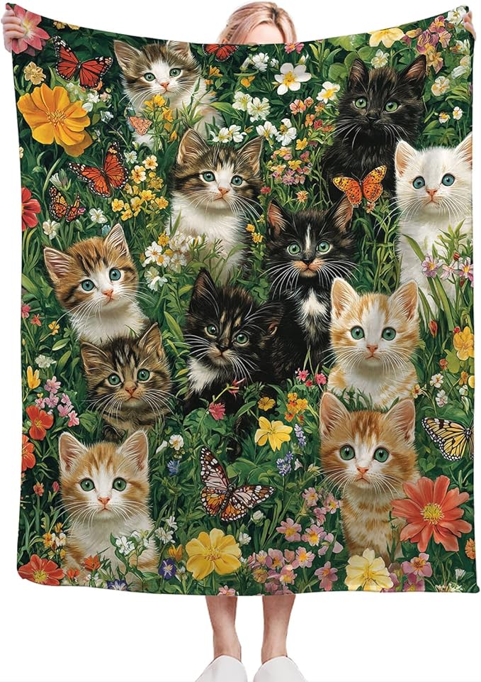 Cat Throw Blanket Ultra Soft Cozy Deer Flower Cats Blanket Fleece Fuzzy Plush Cat Lovers Decor Gifts for Women Girls Adults Couch Sofa 50"x40"