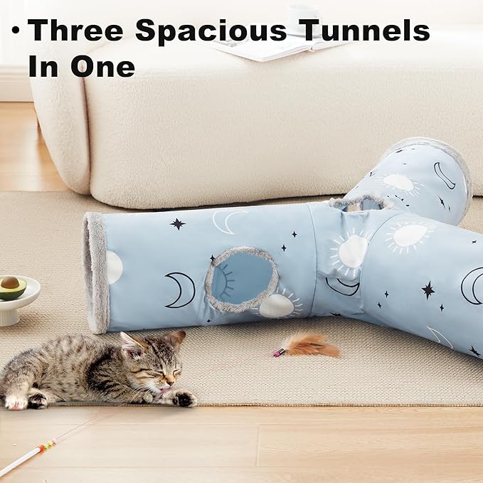 Love's cabin Large Cat Tunnel Toy 3 Way Collapsible, Cat Tunnels for Indoor Cats Large, Cat Play Tunnel with 4 Peek Hole Plush Ball & Feather Toy for Cat, Kitty, Kitten, Rabbit, Puppy Blue Sun