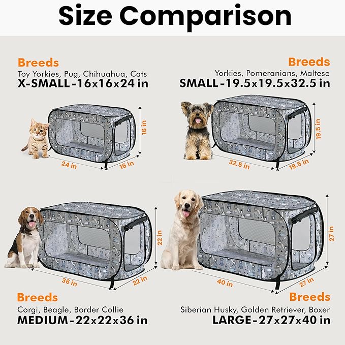 Beatrice Home Fashions Portable, Collapsible, Pop Up Kennel Travel Cat and Dog Crate, 40" L x 27" W x 27" H, Tail Waggers