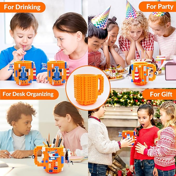 Build-on Brick Coffee Mug Funny DIY Novelty Cup with Building Blocks Creative Gift for Kids Men Women Birthday (Orange)