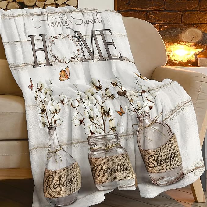 Farmhouse Floral Blanket for Women Girls Ultra Soft Cozy Cotton Flower Throw Blanket Fleece Fuzzy Plush Bedding Blanket Flower Gifts for Women Girls Kids Adults Couch Sofa 80"x60"
