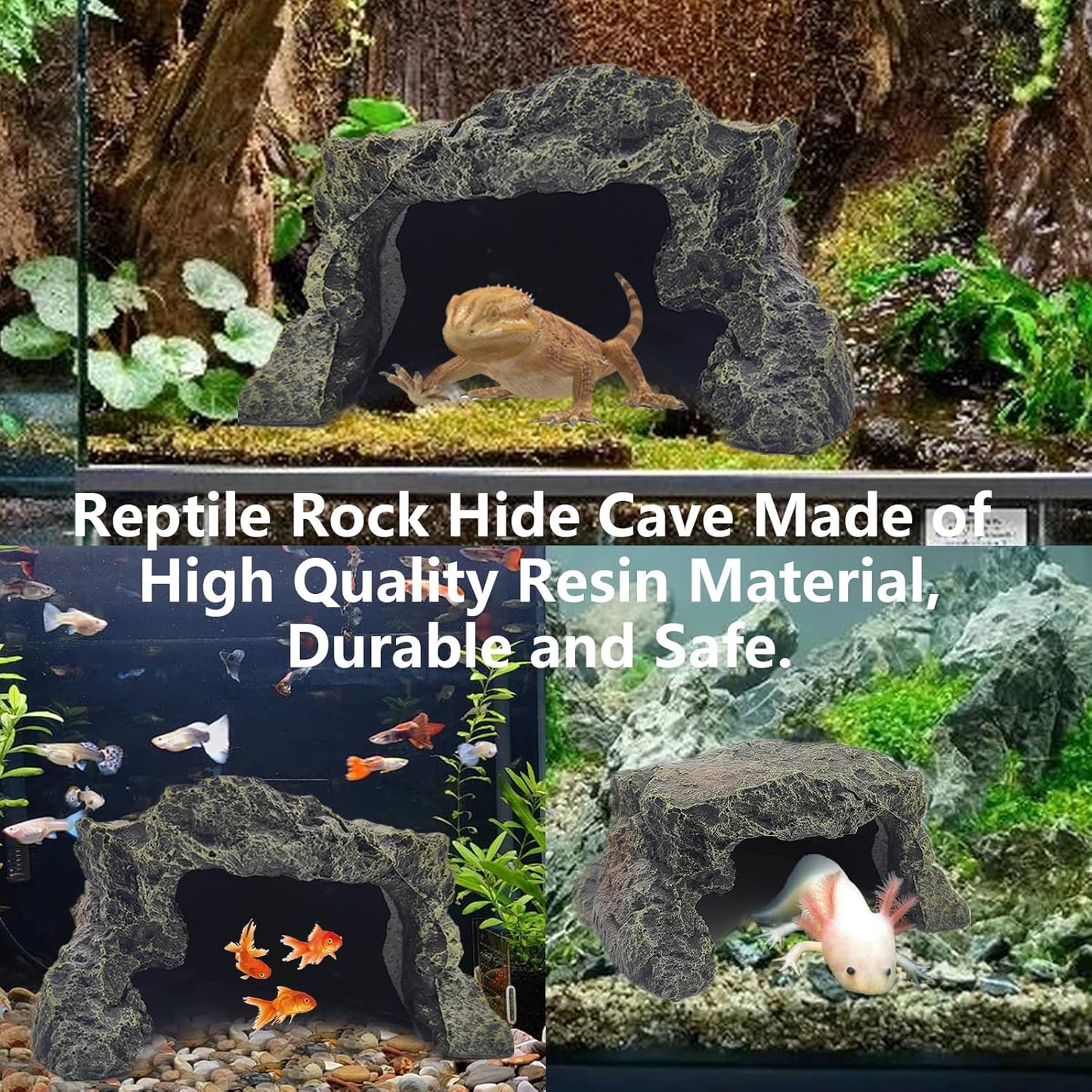 BNOSDM Reptile Hideout Rock,Tortoise Hide Cave,Resin Rock,Lizards Hideaway,Turtle Basking Platform,Reptiles Habitat Decor Tank Accessories for Bearded Dragon Gecko Snakes Chameleon Frogs