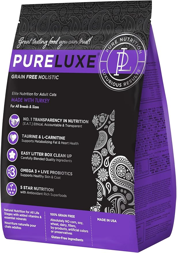 PURELUXE Gluten and Grain Free Cat Food, Adult Cat Elite Nutrition, Turkey, for All Life Stages and Breeds, Made in The USA, 11lbs