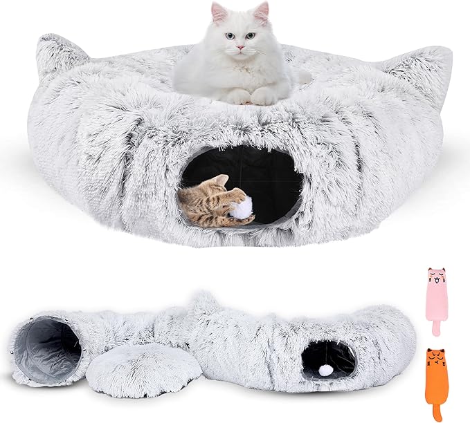 Cat Tunnel Bed with 2 Catnip Toys – Versatile Cat Tunnels for Indoor Cats, Large Cat Donut Tunnel, Cozy Cat Furniture, Peekaboo Cat Cave, Foldable Cat Tube, Cat Play Tunnel for Small Pets