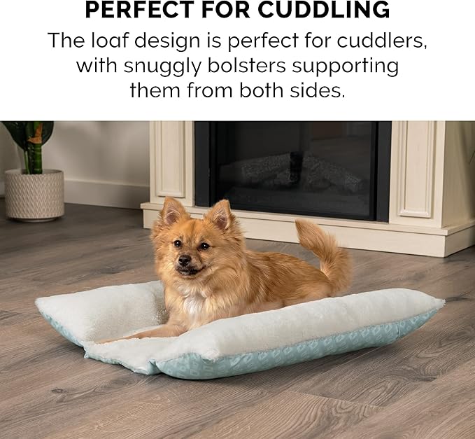 Furhaven Cat Bed for Indoor Cats, Washable w/ Removable Bolsters, For Pets Up to 9 lbs - Plush & Diamond Print Cuddle Loaf Mat - Aqua, Small