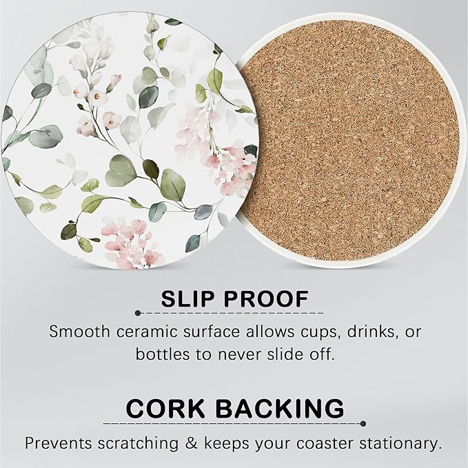 6 Pcs Drink Coasters with Holder,Abstract Watercolor Floral Green Leaves Absorbent Round Ceramic Coaster for Tabletop Protection,for Coffee Cup Beverage Coasters Wine Beer Bar