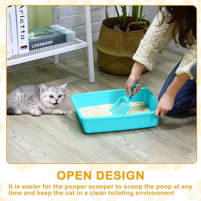 Amyhill 10 Pcs Open Cat Litter Box Kitten Litter Pan with 10 Scooper Medium Plastic Litter Tray Durable Nonstick Litter Box for Indoor Pets Cats Rabbit Supply Easy to Clean,14.6x10.6x3.4 Inch, 5 Color