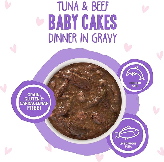 Weruva B.F.OMG - Best Feline Friend Oh My Gravy!, Tuna & Beef Baby Cakes with Tuna & Beef in Gravy Cat Food, 3oz Pouch (Pack of 12), Purple (0152)