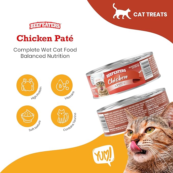 Beefeaters Cat Treats - Chicken Pate 3oz, Case of 24 | Nutrient-Rich Wet Cat Food, Essential Vitamins & Taurine, No Artificial Additives | Supports Immune System & Vision | Training Treats