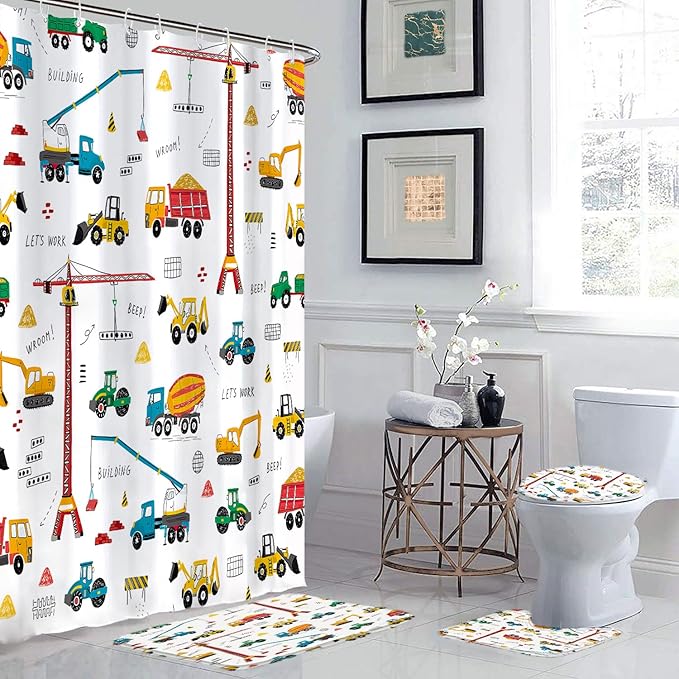 4 Pcs Excavator Kids Shower Curtain Sets, Tractor Machinery Trucks, Construction Vehicle Shower Curtain for Boys, Bulldozer Crane Bath Curtain Equipment Truck Shower Curtain Set, 72x72in