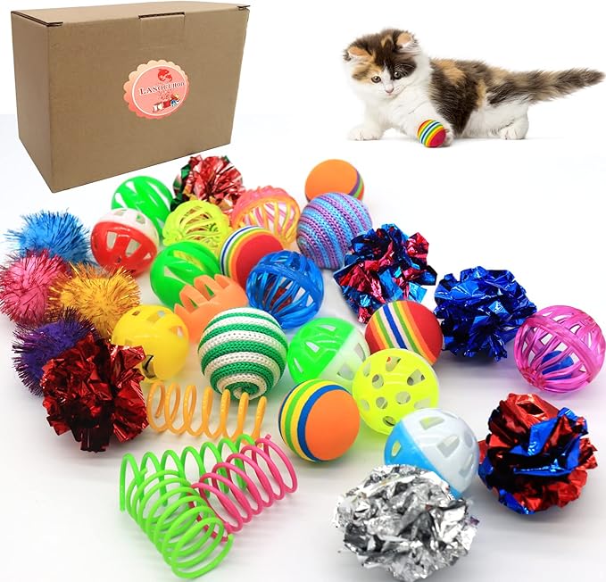 LASOCUHOO Cat Toys, Kitten Cat Ball Toys Assortments, Including Rainbow Ball, Crinkle Ball, Sparkle Ball, Bell Balls, Sisal Ball for All Cats 30 Packs