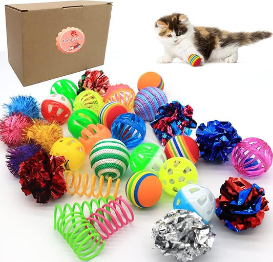 LASOCUHOO Cat Toys, Kitten Cat Ball Toys Assortments, Including Rainbow Ball, Crinkle Ball, Sparkle Ball, Bell Balls, Sisal Ball for All Cats 30 Packs