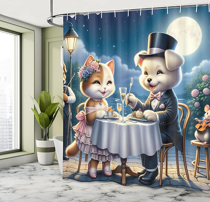 Ambesonne Cat Shower Curtain, Smiling Happy Kitty Lady and Gentleman Puppy Romantic Dinner Date Print, Cloth Fabric Bathroom Decor Set with Hooks, 69" W x 70" L, Night Blue Rose Apricot
