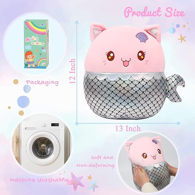12” Mermaid Cat Plush Pillow Soft Mermaid Stuffed Animal Cute Cat Plush Toy Birthday Christmas Festival Gifts for Kids