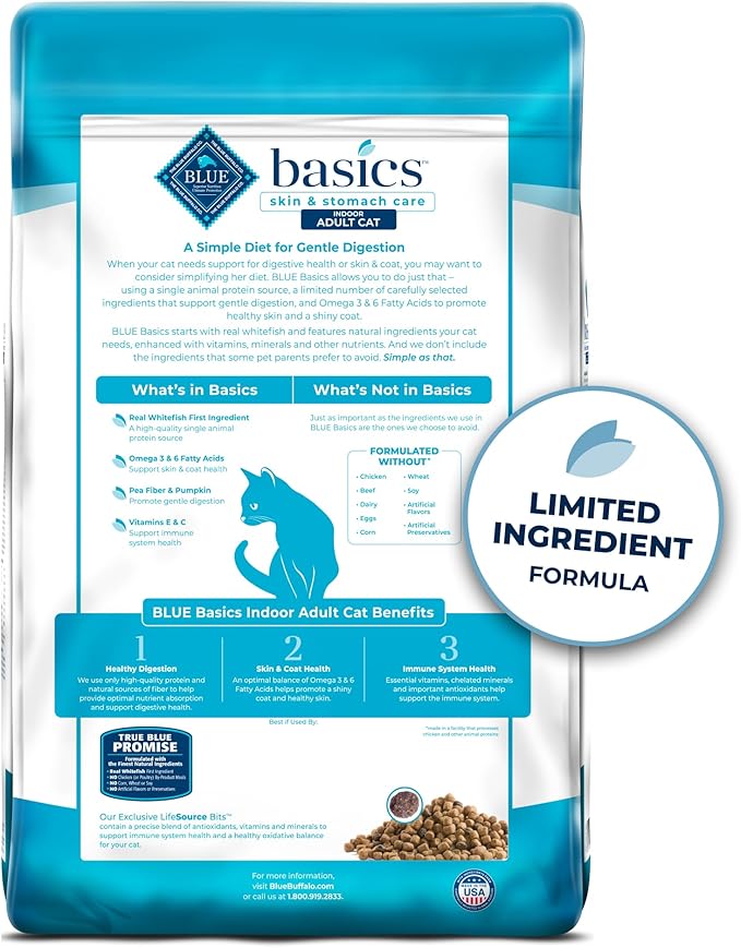 Blue Buffalo Basics Grain-Free Dry Cat Food, Skin & Stomach Care, Limited Ingredient Diet for Indoor Cats, Fish & Potato Recipe, 11-lb. Bag