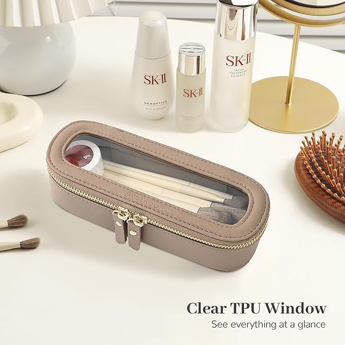 Aveniee Slim Clear Makeup Brush Bag, Small Cosmetic Brush Holder, Mini Toiletry Bag Travel Case for Women, Thin Make up Bags with Dual Zipper, Cute Travel Essentials Bag Organizer - Taupe