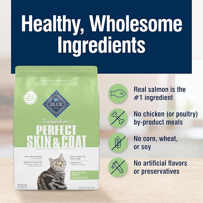 Blue Buffalo True Solutions Perfect Skin & Coat Natural Dry Food for Adult Cats, Salmon, 3.5-lb. Bag