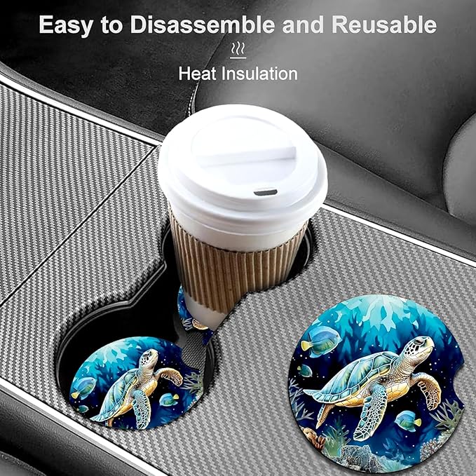 Car Coasters for Cup Holders,2 Pack Sea Turtle Car Cup Holder Coasters,2.75" Universal Size Anti Slip Rubber Mat,Automotive Cup Holder Decal Decor Accessories,Sea Turtle Gifts for Women,Mom,Men