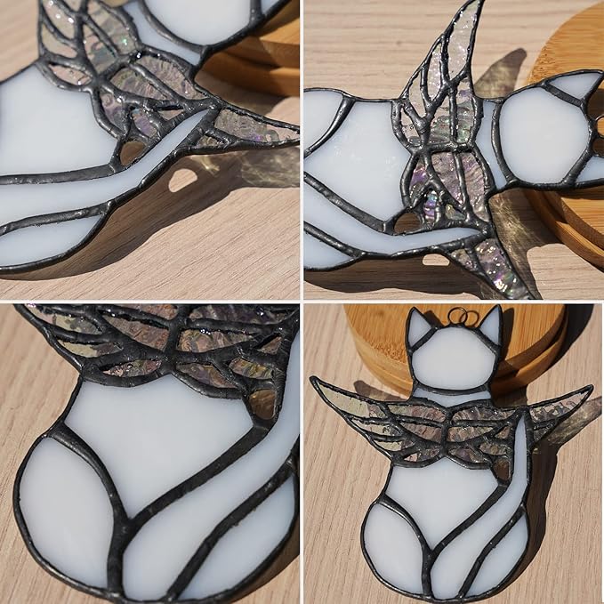 BOXCASA Angel Cat Memorial Gifts Ornaments,Stained Glass Window Hanging Decorations,Angel Wings White Cat Suncatcher Decor,Cat Lovers Gifts Ornaments,Pet Memorial Sympathy Gifts Decoration