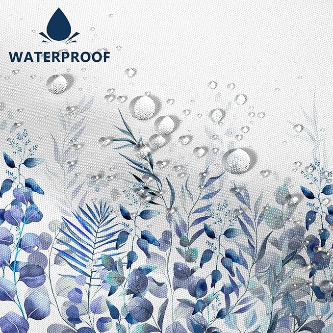 AWERT Shower Curtain Plants for Bathroom,Waterproof Quick-Drying Blue Leaves Shower Curtain Set with Hooks 72x72 Inch