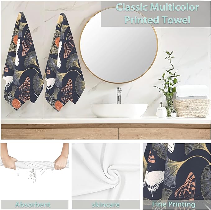 Ginkgo Leaves Hand Towels Set of 2 - Vintage Floral Fingertip Polyester Cotton Soft Bath Towels for Bathroom, Kitchen, Hotel, Spa - 14"X28"