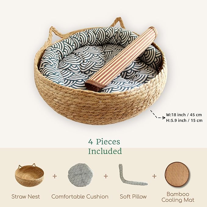 Woven Cat Bed for Indoor Cat,Straw Cat Nest- Wicker Bed for Cat/Dog/Pet with Cushion, Pillow, and Bamboo Mat - Handmade Cat House - Large Cat Basket Bed, Rattan Cat Bed