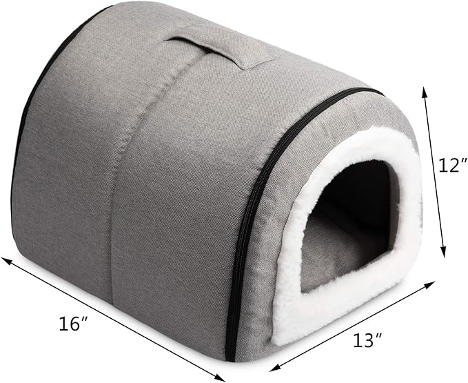 Hollypet Linen Cat Bed, Self-Warming 2 in 1 Foldable Cave House Animal Shape Nest Pet Sleeping Bed, Gray