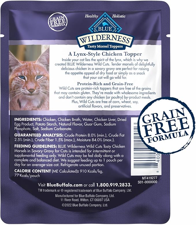 Blue Buffalo Wilderness Wild Cuts Grain-Free Wet Cat Food, Meal Toppers Made with Natural Ingredients, Tasty Chicken Morsels in Savory Gravy, 3-oz. Pouches (24 Count)