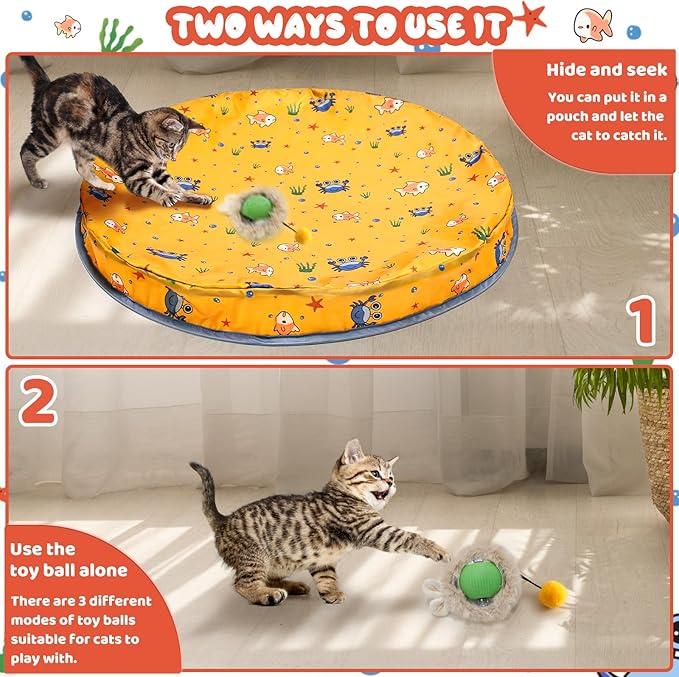 Interactive Cat Toy Ball,Self Rolling Cat Ball in Pouch Fixed with Wire Rim,Rechargable Automatic Motion Activated Moving Toy with 3 Working Modes,Hide and Seek Mouse Catching Game,28 Inch