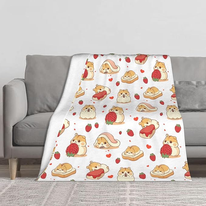 Hamster Strawberry Soft Throw Blanket Flannel Fleece Blankets Warm Cozy Lightweight Fuzzy Blanket for Bed Sofa Couch Home Decor 60"X50"