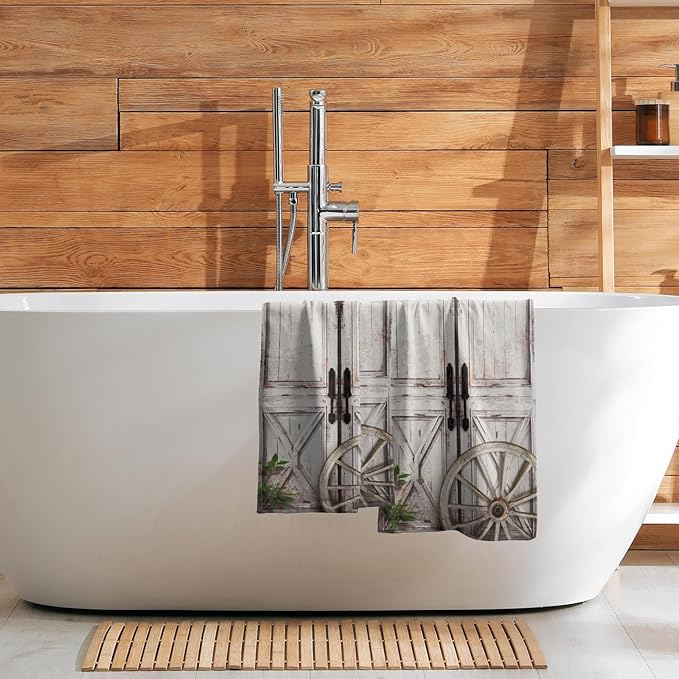 Giwawa Rustic Wood Hand Towels Set of 2 Barn Door Dish Towels Soft Absorbent Decorative Fingertip Bath Towel for Bathroom Gym Hotel Home