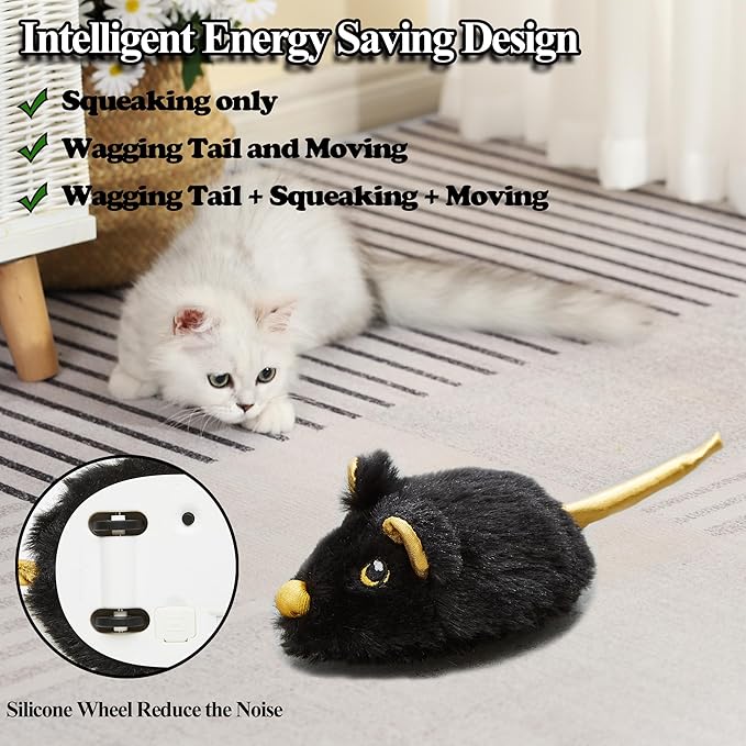 Vealind Cat Toys Rechargeable Mouse with Wagging Tail, Lifelike Squeak Chirping Electronic Mice for Indoor Cats, USB Touch Activated Kitten Toys (Black)